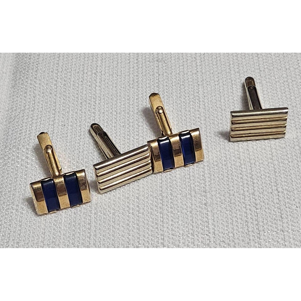 SWANK Vintage Rectangle Cufflinks Gold Tone Navy Blue Stripe Detail Formalwear‎
